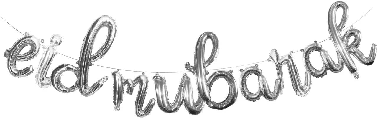 Eid Mubarak Balloons Decorations Banner Balloon Cursive Letters (Silver)