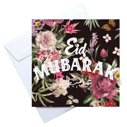 Eid Greeting Card Set of 10 Mini Cards (8cm) 10 Envelopes 10 Stickers featuring Black Floral Garden Design and English Arabic Text