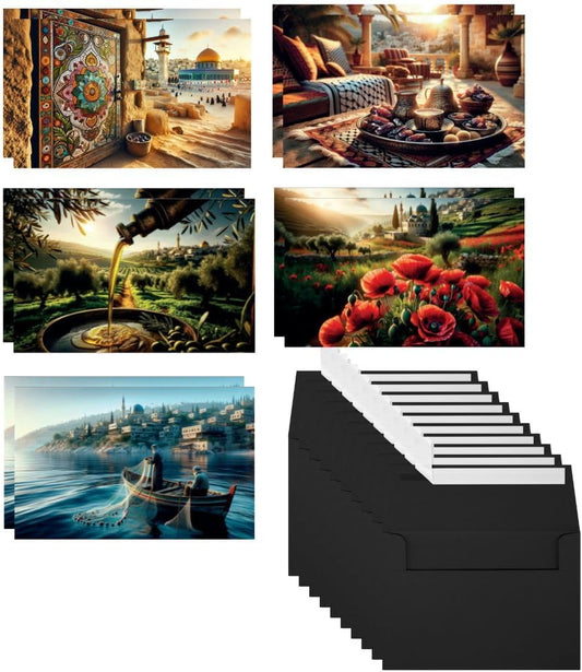 Palestine Heritage Greeting Cards - Set of 10, 6x4 Inches, 5 Unique Designs, Blank Inside, with 10 Black Envelopes