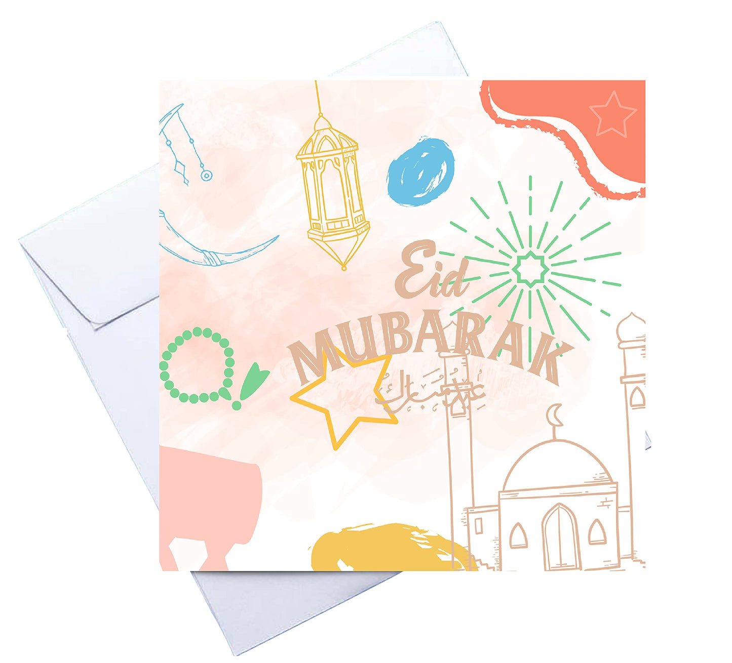 Eid Greeting Card Set of 10 Mini Cards (8cm) 10 Envelopes 10 Stickers Featuring Kid sketches mosque tasbeeh drums lanterns
