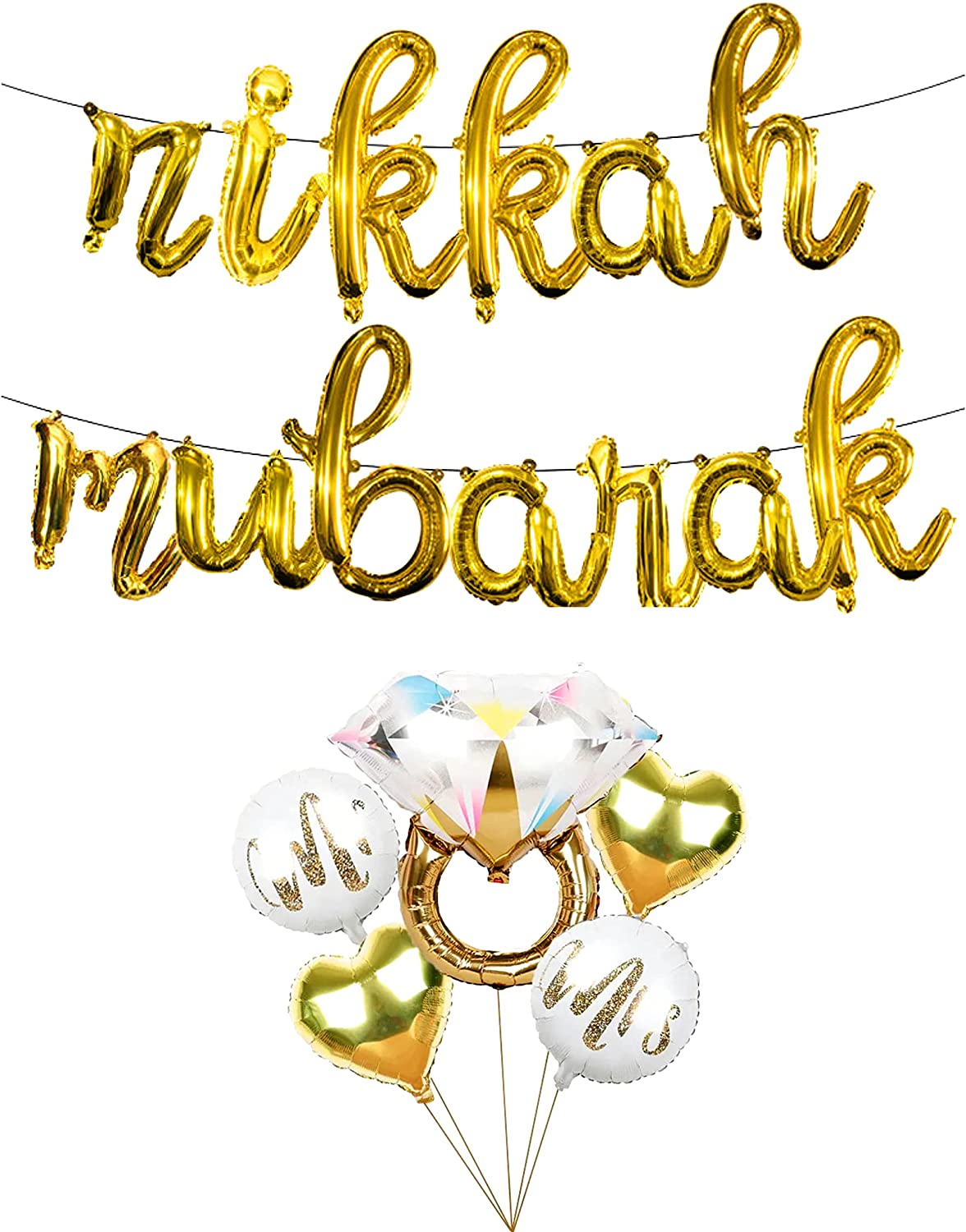 Nikkah Mubarak Balloons Decorations Banner Balloon Cursive Letters with Mylar Wedding Ring Balloons (2)…