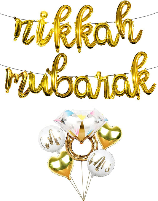 Nikkah Mubarak Balloons Decorations Banner Balloon Cursive Letters with Mylar Wedding Ring Balloons (2)…